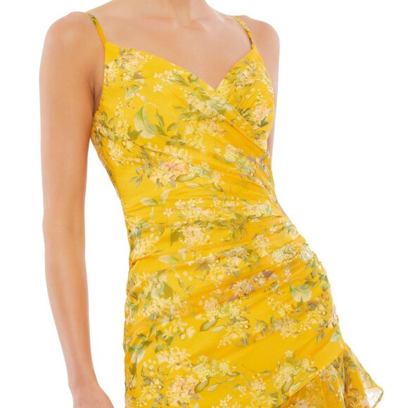 NWT MAC DUGGAL SZ 4 70202 FLORAL RUFFLE ASYMMETRICAL SLIT GOWN‎ YELLOW MULTI - Picture 2 of 9